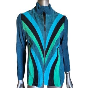 NWT Bob Mackie Turquoise & Green Leather Bomber Jacket with Geometric Design - S
